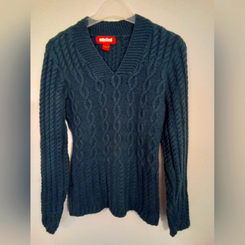 Teal Cable Twist Long Sleeve Sweater with Ponteille Sleeve Detail